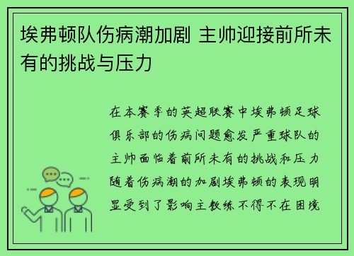 埃弗顿队伤病潮加剧 主帅迎接前所未有的挑战与压力
